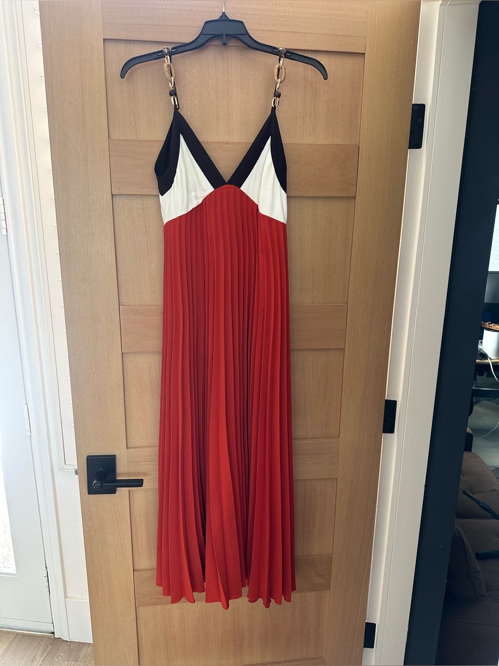 Zara Red Pleated Maxi Dress with Black and White Bodice